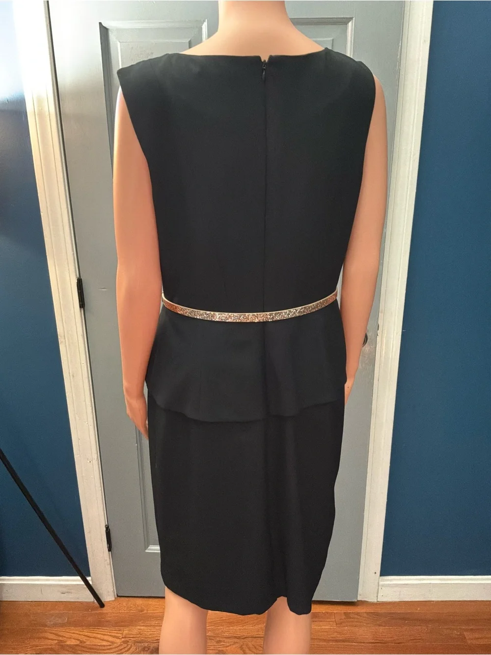 Ellen Tracy Black Sleeveless Peplum Dress with Metallic Belt